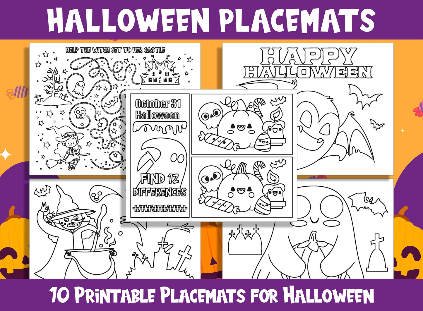Halloween Fun Placemats: 10 Printable Activities for Kids, PDF File, US Letter Size, Instant Download