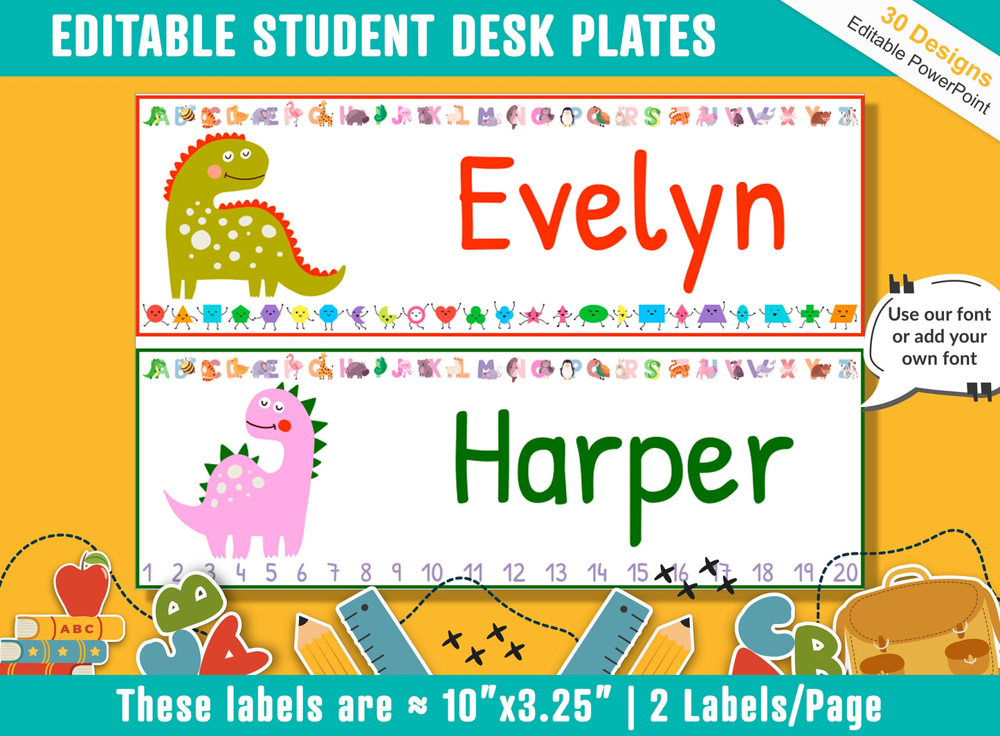 Dinosaur-Themed Student Desk Plates: 30 Unique Designs - Editable with PowerPoint, US Letter Size, Instant Download