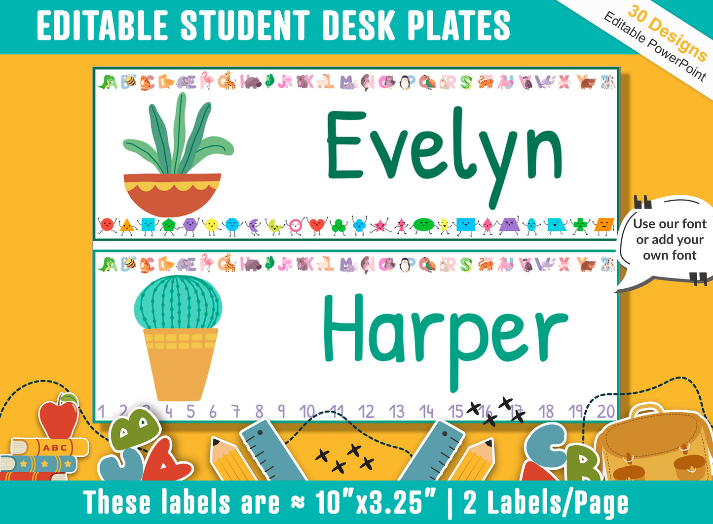 Tropical House Plant Student Desk Plates: 30 Editable Designs with PowerPoint, US Letter Size, Instant Download