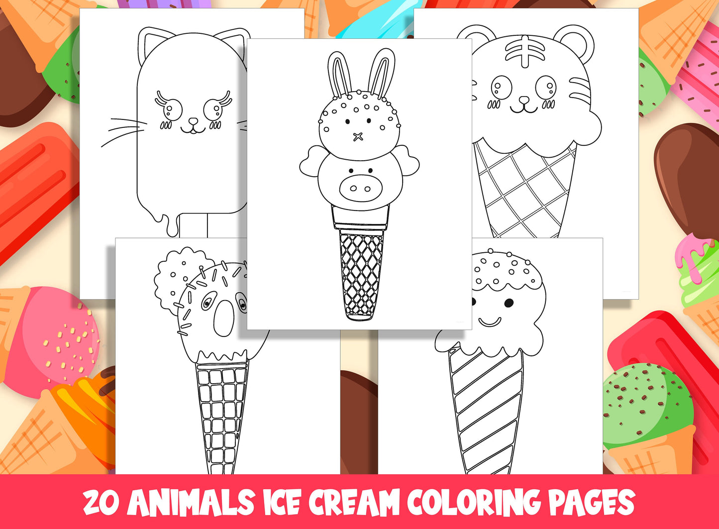 Ice Cream Animals Coloring Pages: 20 Fun Designs for Preschool and Kindergarten, PDF File, Instant Download