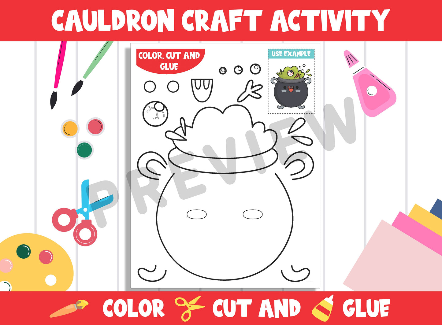 Witch's Cauldron Craft Activity - Color, Cut, and Glue for PreK to 2nd Grade, PDF File, Instant Download