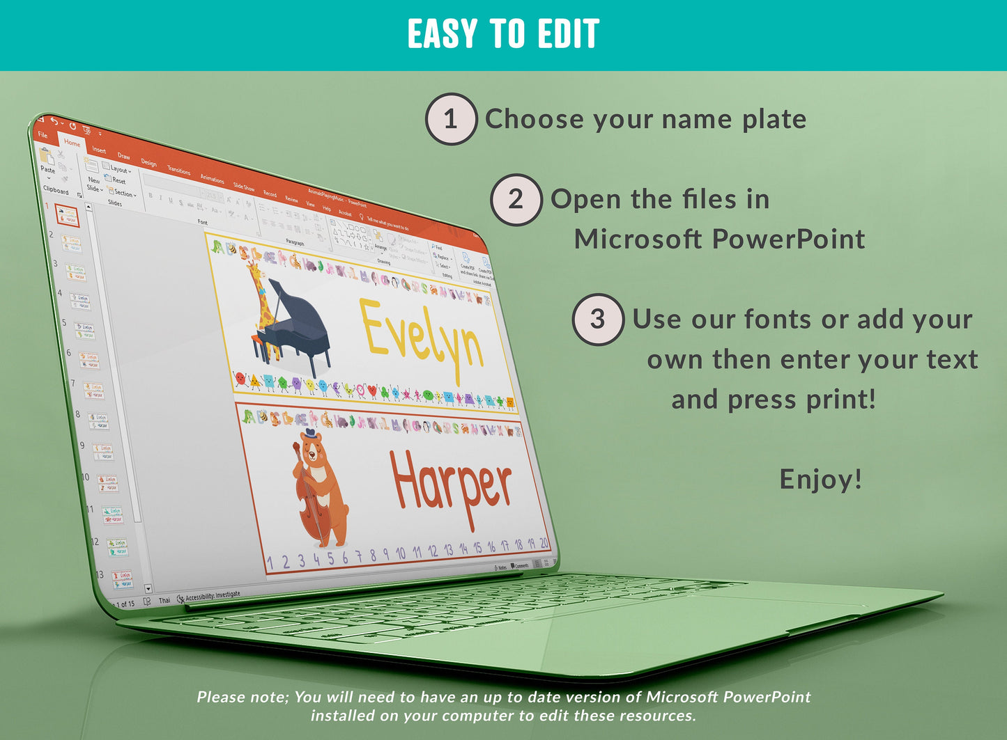 Animals Playing Music Student Desk Plates: 30 Editable Designs with PowerPoint, US Letter Size, Instant Download