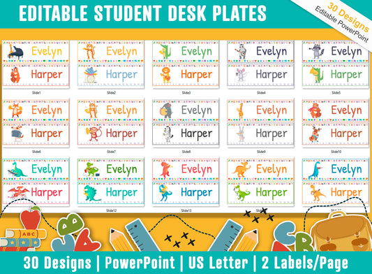 Animals Playing Music Student Desk Plates: 30 Editable Designs with PowerPoint, US Letter Size, Instant Download