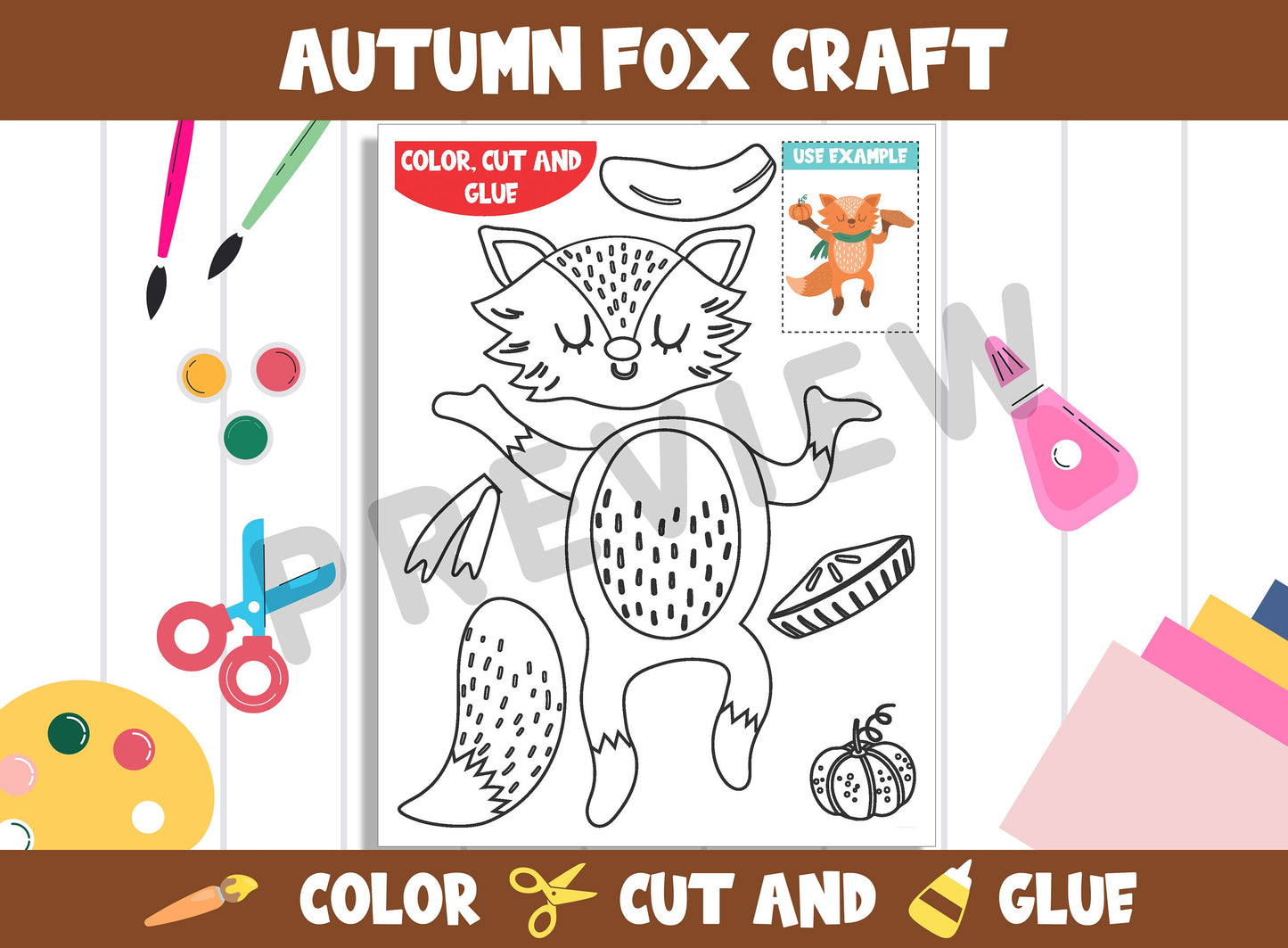 Autumn Fox Craft Activity - Color, Cut, and Glue for PreK to 2nd Grade, PDF File, Instant Download