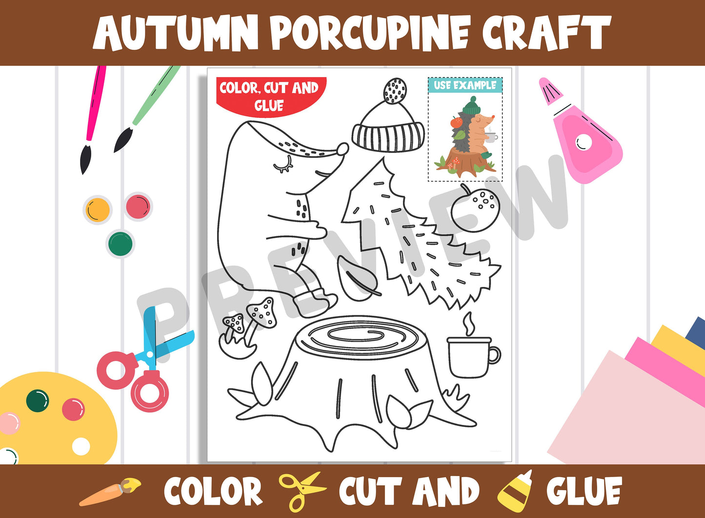 Autumn Porcupine Craft Activity - Color, Cut, and Glue for PreK to 2nd Grade, PDF File, Instant Download