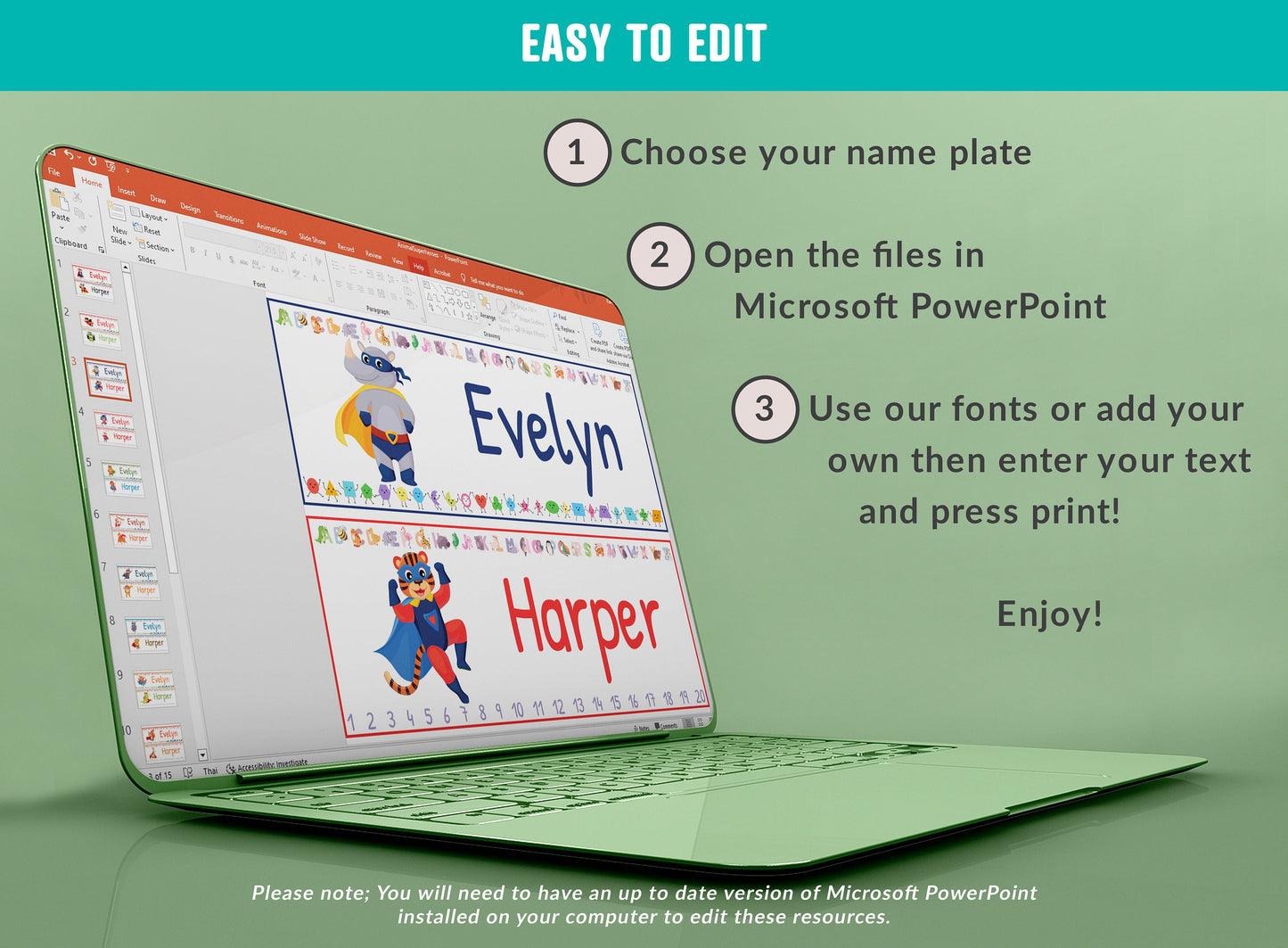 Animal Superheroes Student Desk Plates: 30 Editable Designs with PowerPoint, US Letter Size, Instant Download