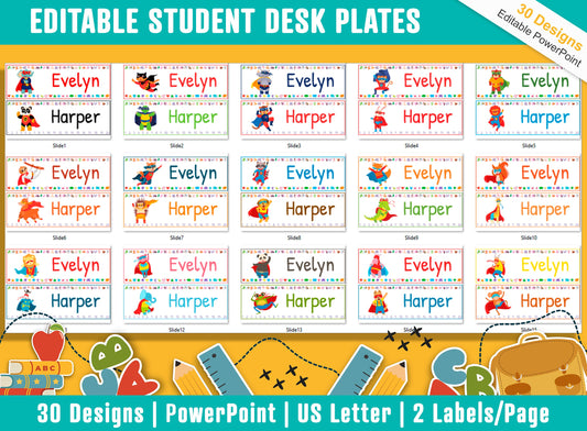 Animal Superheroes Student Desk Plates: 30 Editable Designs with PowerPoint, US Letter Size, Instant Download