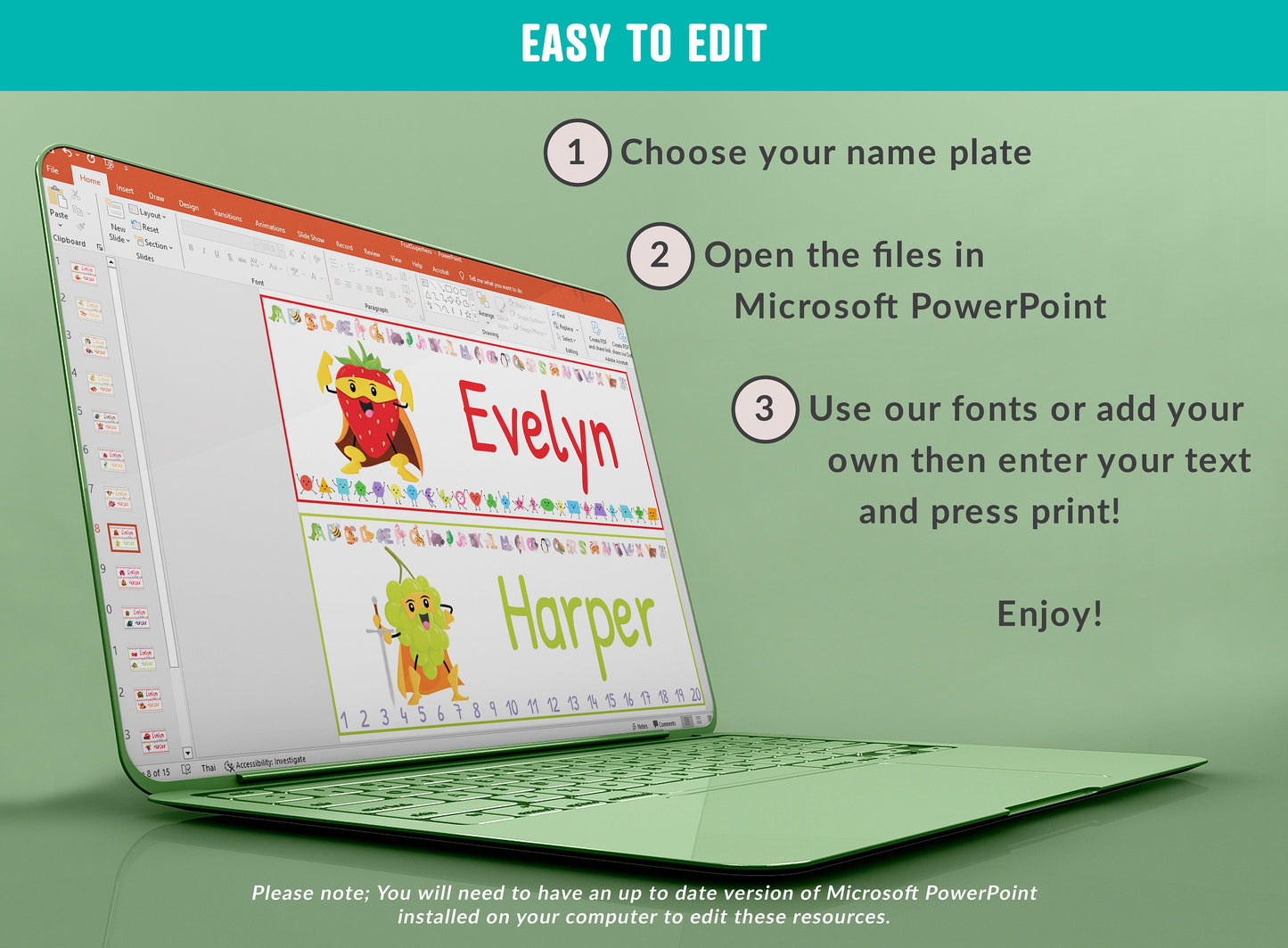 Fruit Superhero Student Desk Plates: 30 Editable Designs with PowerPoint, US Letter Size, Instant Download