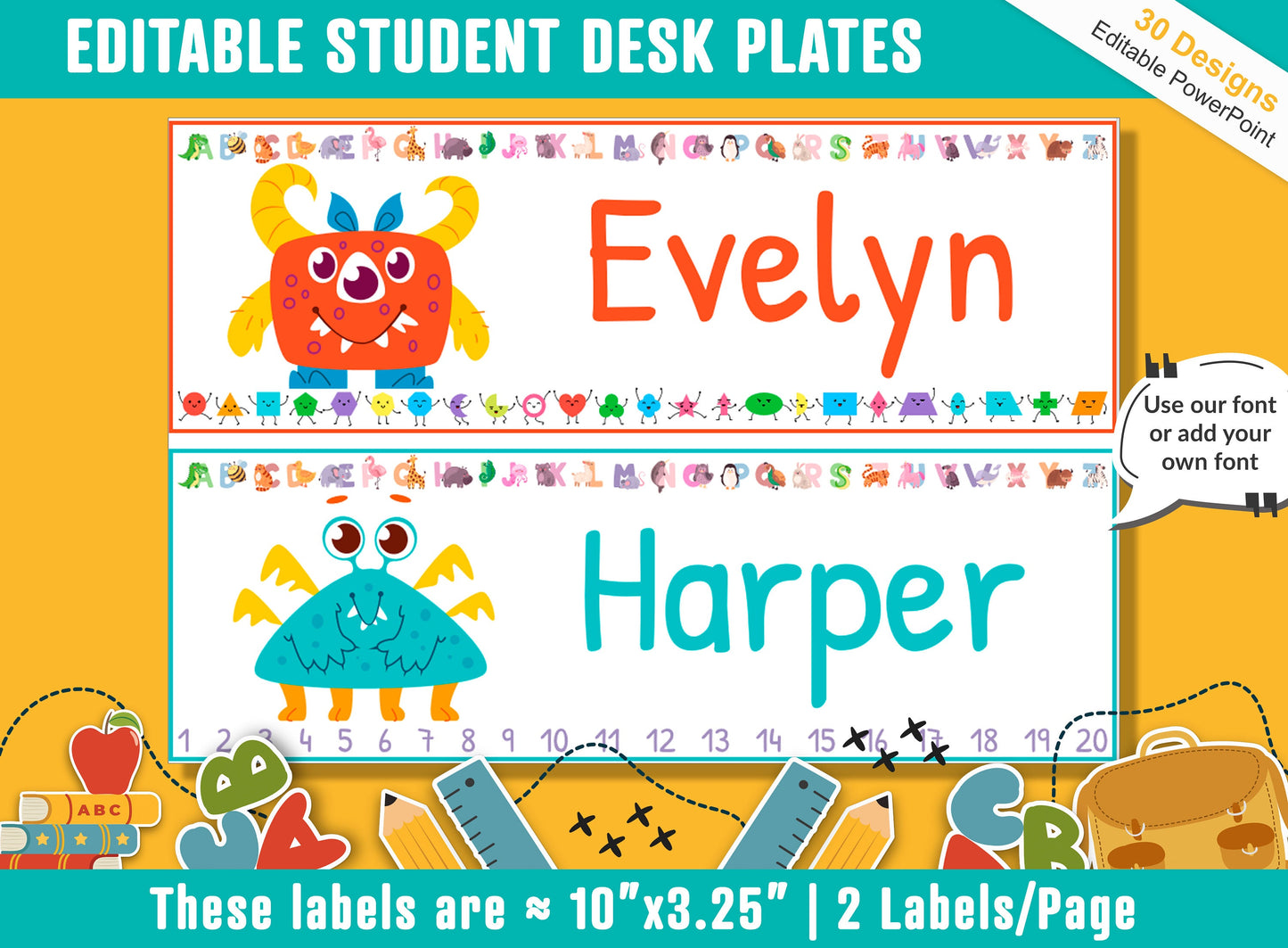 Monster Student Desk Plates: 30 Editable Designs with PowerPoint, US Letter Size, Instant Download