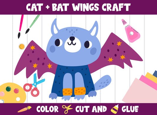 Halloween - Cat with Bat Wings Craft Activity - Color, Cut, and Glue for PreK to 2nd Grade, PDF File, Instant Download