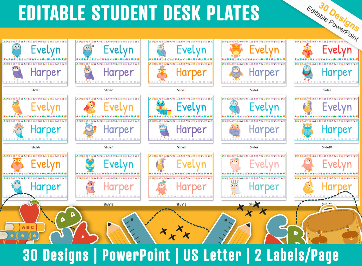 Cute Owl Student Desk Plates: 30 Editable Designs with PowerPoint, US Letter Size, Instant Download