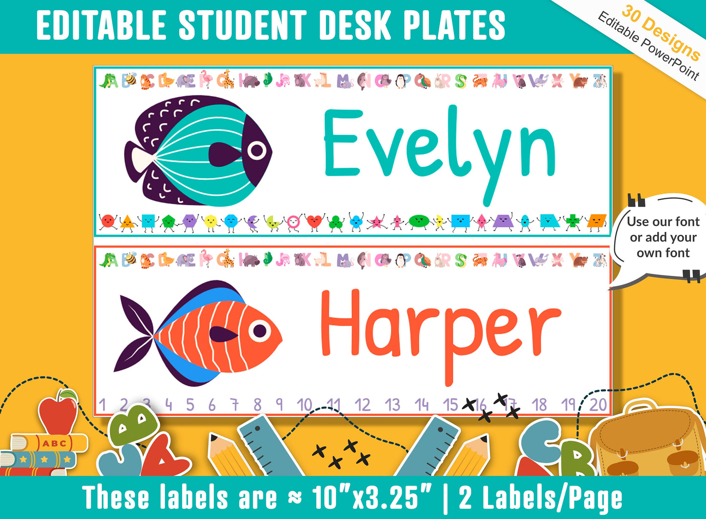 Tropical Fish Student Desk Plates: 30 Editable Designs with PowerPoint, US Letter Size, Instant Download