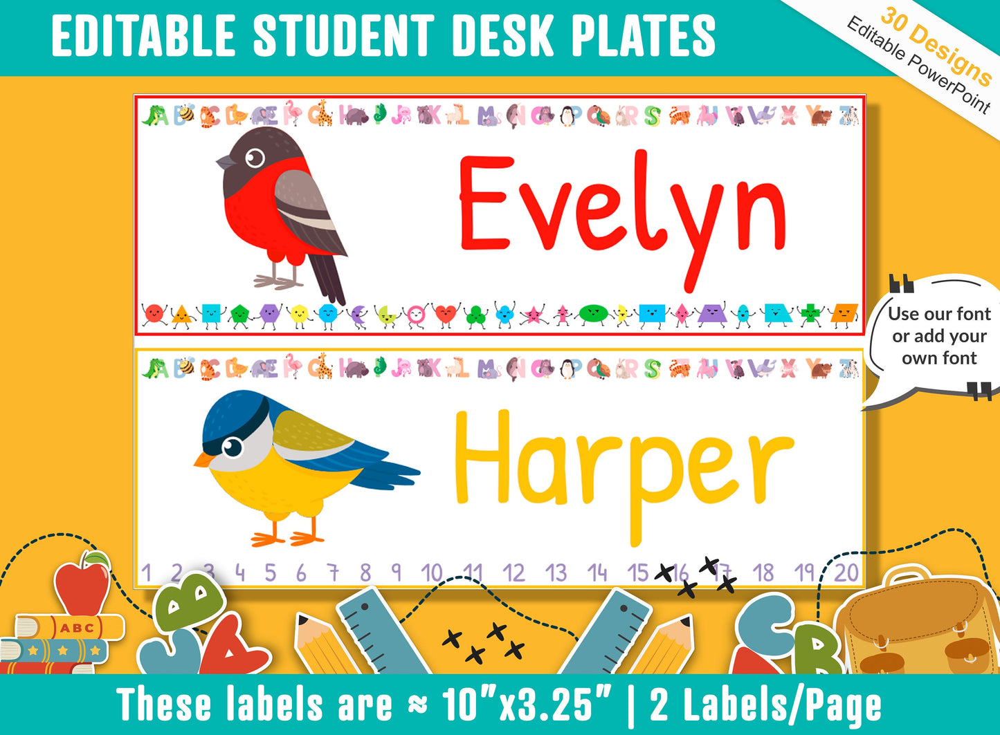 Cute Bird Student Desk Plates: 30 Editable Designs with PowerPoint, US Letter Size, Instant Download