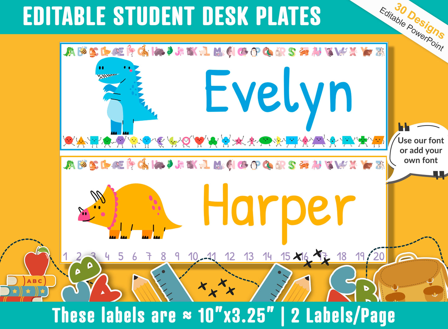 Baby Dinosaur Student Desk Plates: 30 Editable Designs with PowerPoint, US Letter Size, Instant Download