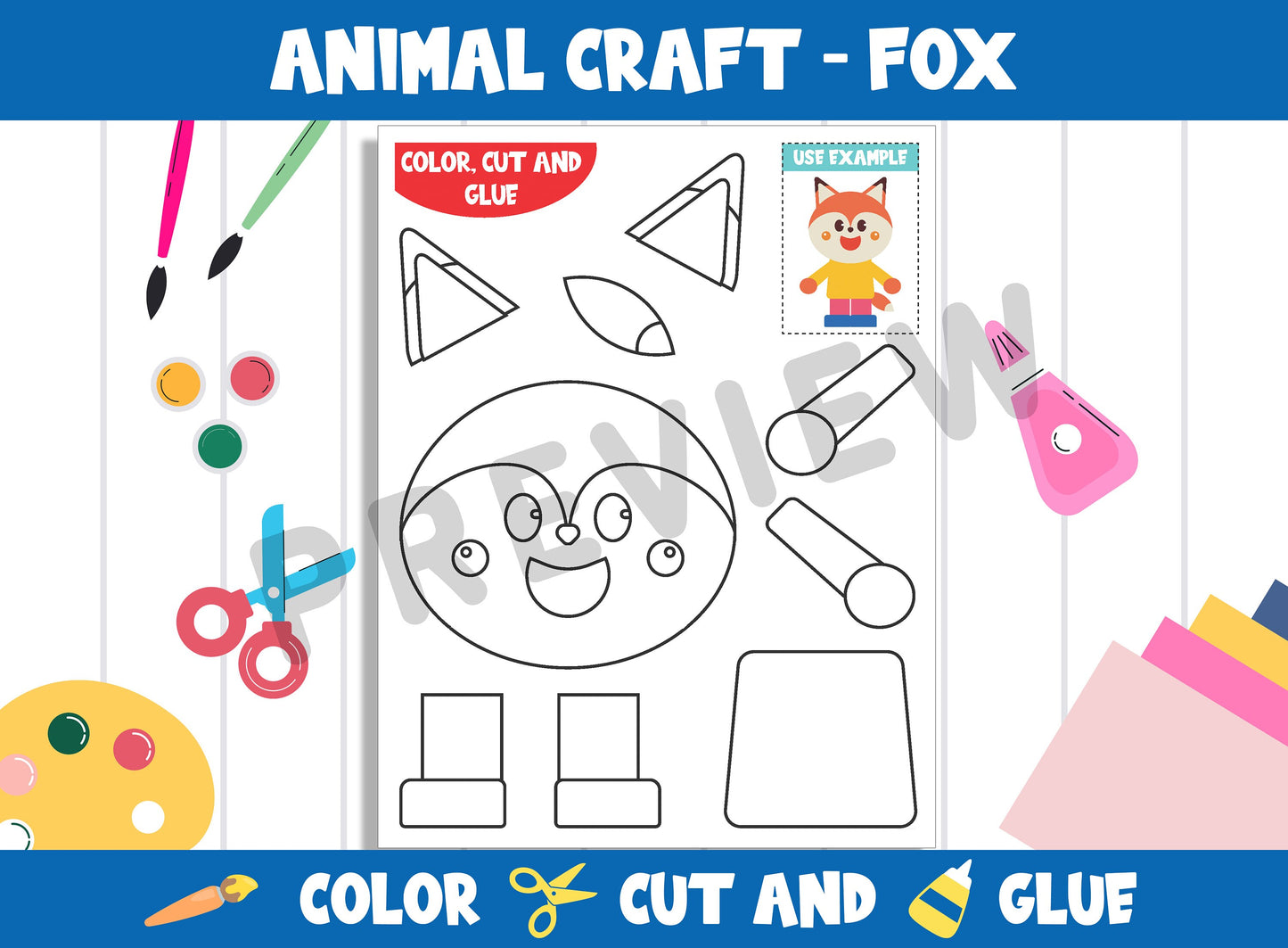 Animal Craft Activity - Fox : Color, Cut, and Glue for PreK to 2nd Grade, PDF File, Instant Download