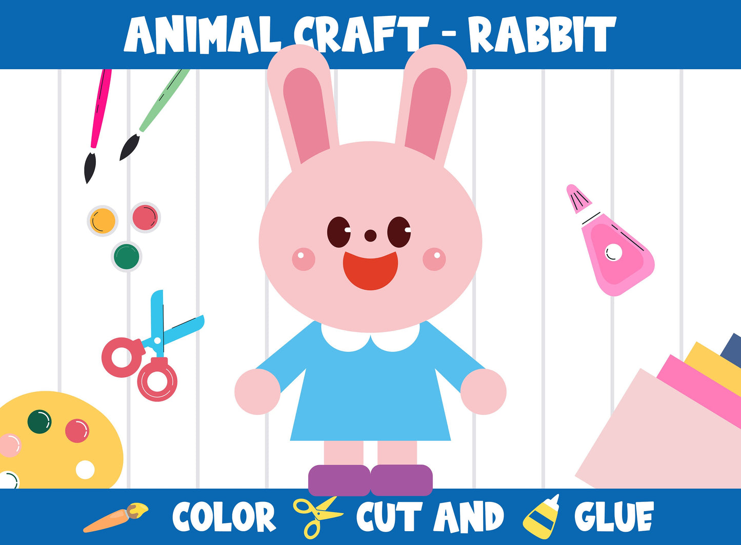 Animal Craft Activity - Rabbit : Color, Cut, and Glue for PreK to 2nd Grade, PDF File, Instant Download