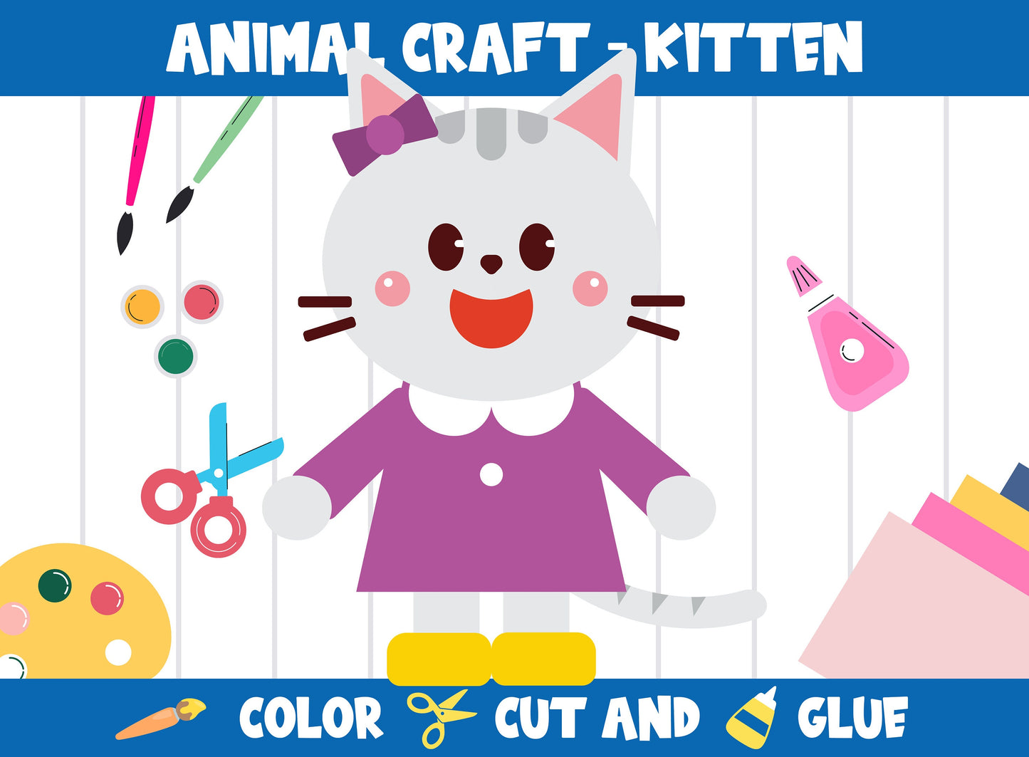 Animal Craft Activity - Kitten : Color, Cut, and Glue for PreK to 2nd Grade, PDF File, Instant Download