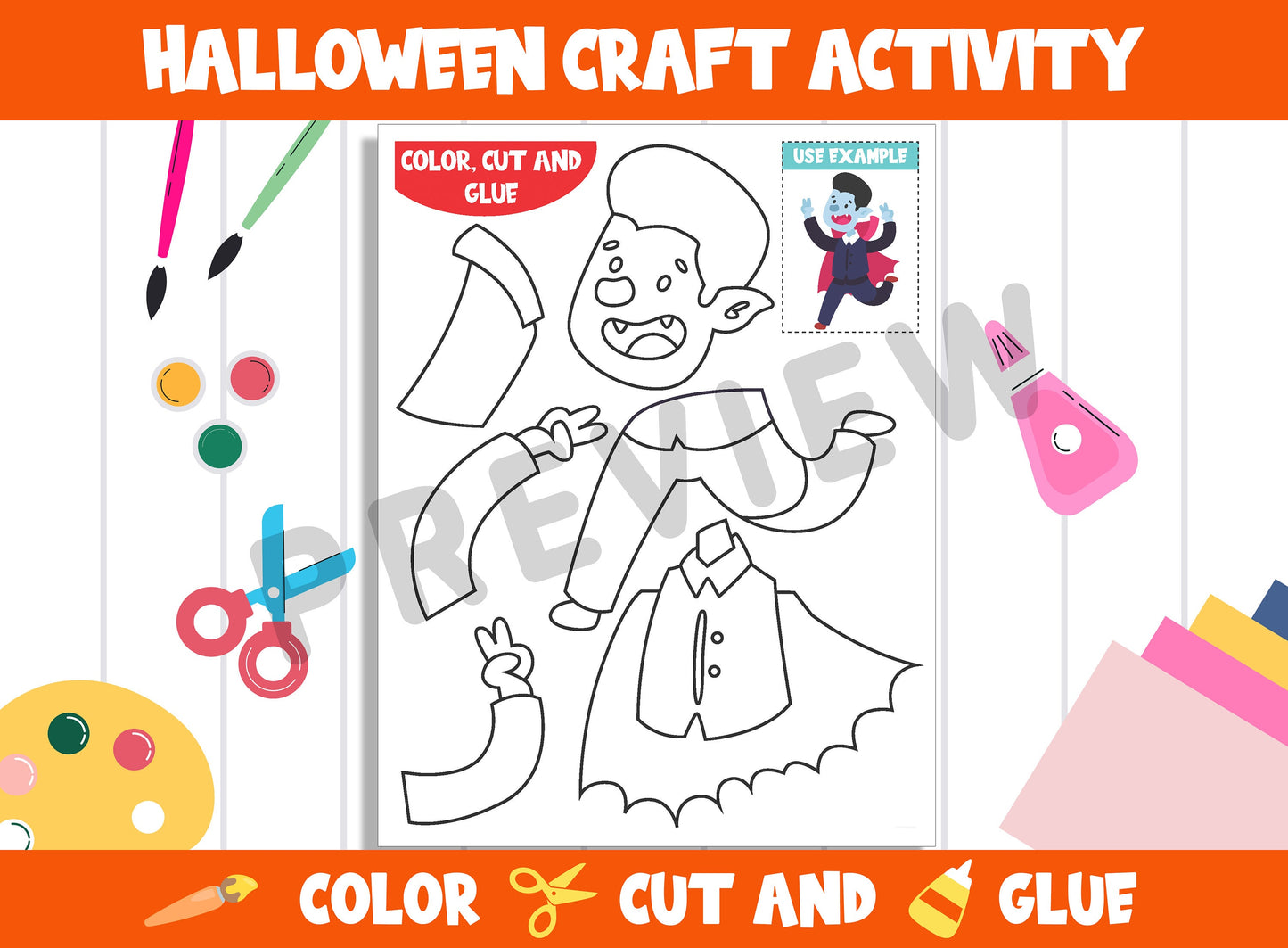 Halloween Character Craft Activity - Vampire - Color, Cut, and Glue for PreK to 2nd Grade, PDF File, Instant Download