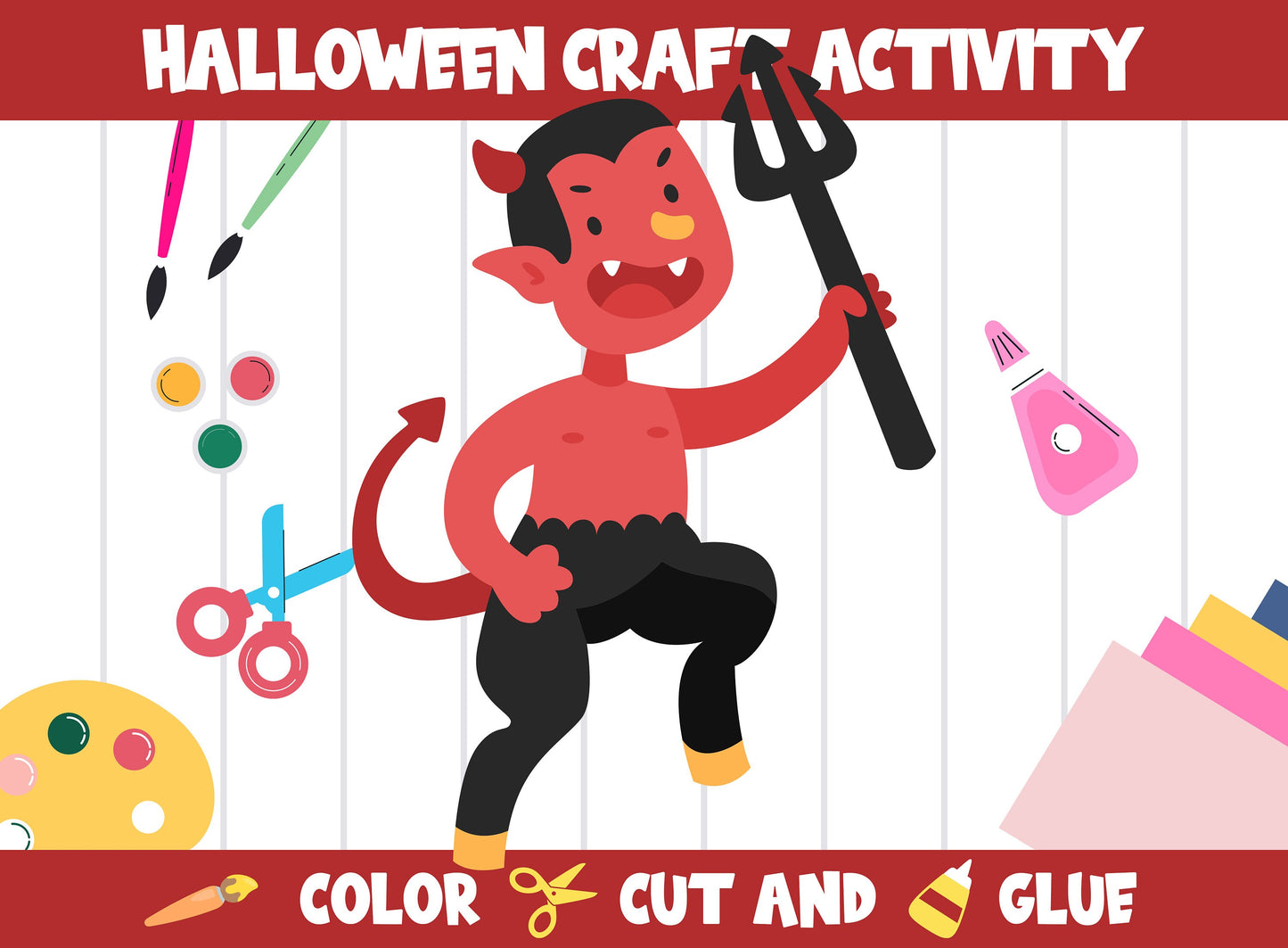 Halloween Character Craft Activity - Devil - Color, Cut, and Glue for PreK to 2nd Grade, PDF File, Instant Download