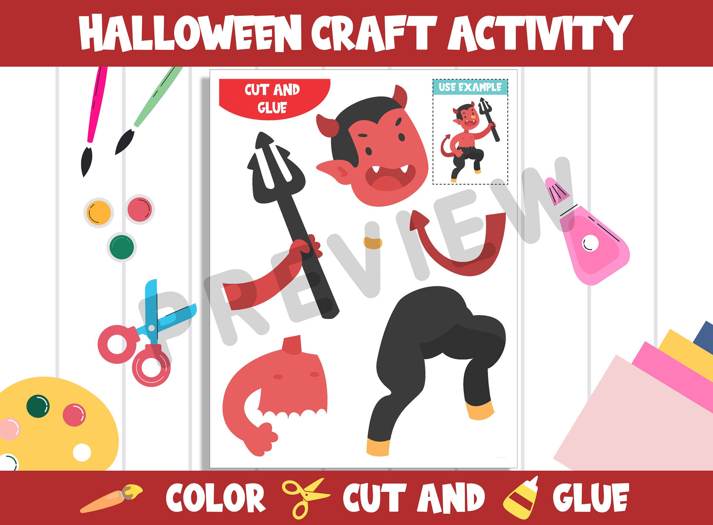 Halloween Character Craft Activity - Devil - Color, Cut, and Glue for PreK to 2nd Grade, PDF File, Instant Download