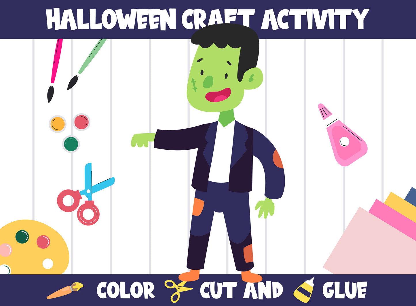 Non Scary Halloween Craft Activity - Color, Cut, and Glue for PreK to 2nd Grade, PDF File, Instant Download