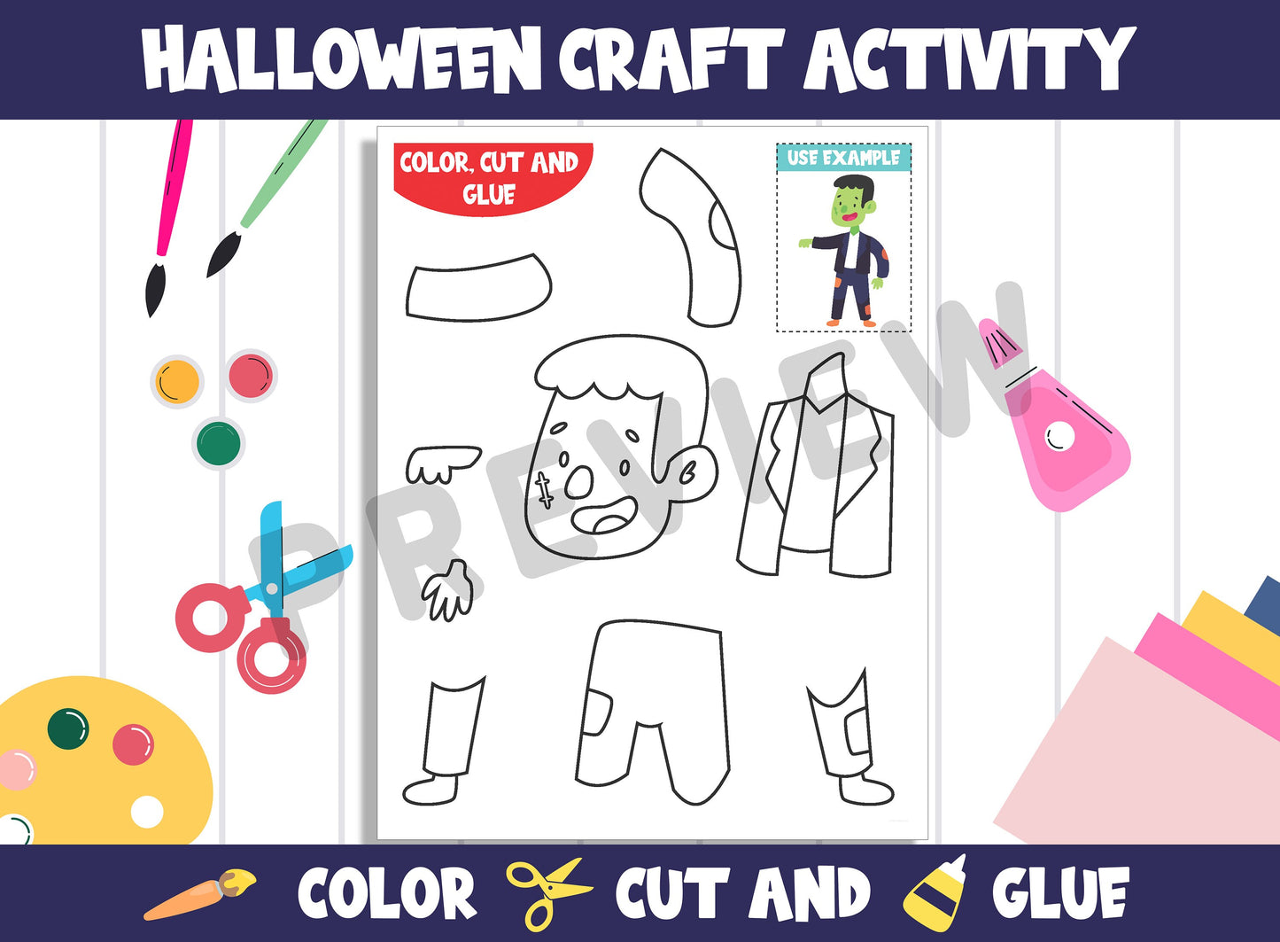 Non Scary Halloween Craft Activity - Color, Cut, and Glue for PreK to 2nd Grade, PDF File, Instant Download
