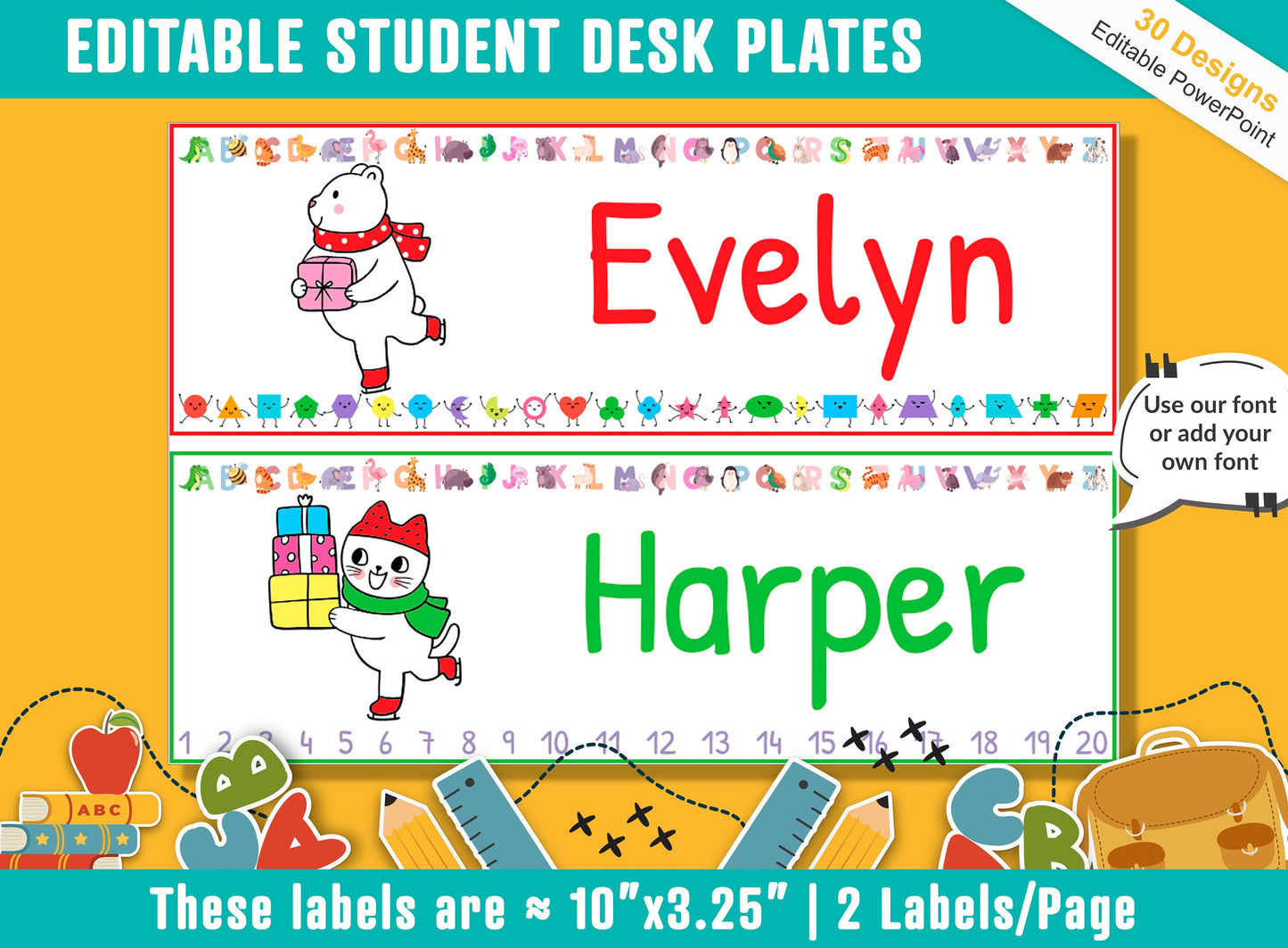 Winter Animal Student Desk Plates: 30 Editable Designs with PowerPoint, US Letter Size, Instant Download