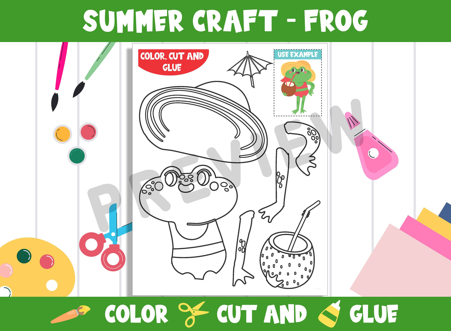 Summer Craft Activity: Frog - Color, Cut, and Glue for PreK to 2nd Grade, PDF File, Instant Download