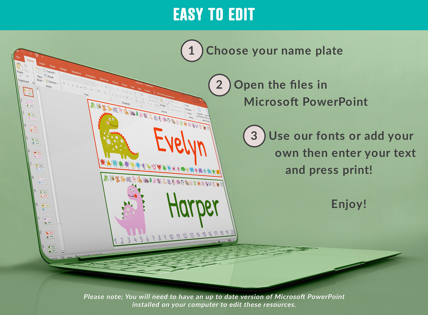 Dinosaur-Themed Student Desk Plates: 30 Unique Designs - Editable with PowerPoint, US Letter Size, Instant Download