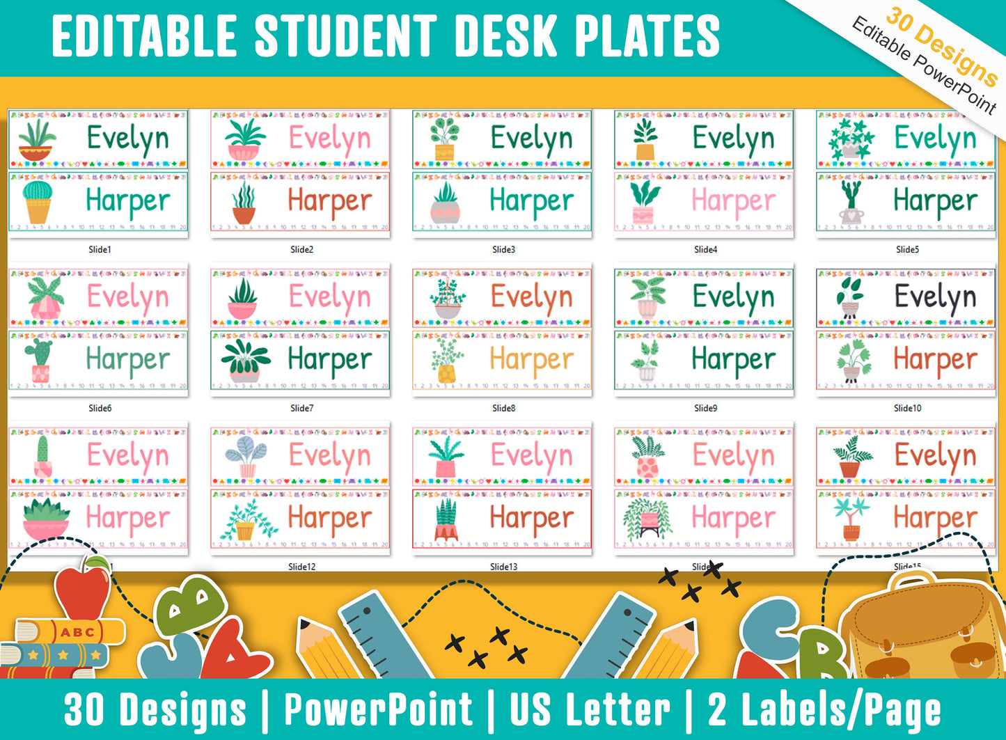 Tropical House Plant Student Desk Plates: 30 Editable Designs with PowerPoint, US Letter Size, Instant Download