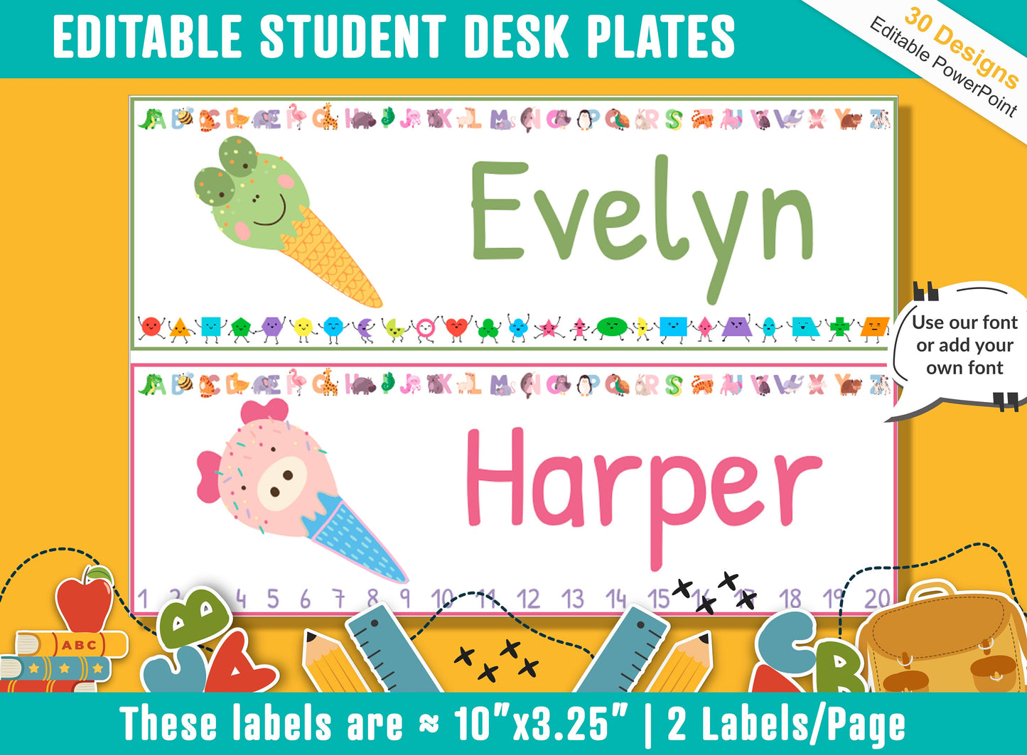 Animals Ice Cream Student Desk Plates: 30 Editable Designs with PowerPoint, US Letter Size, Instant Download