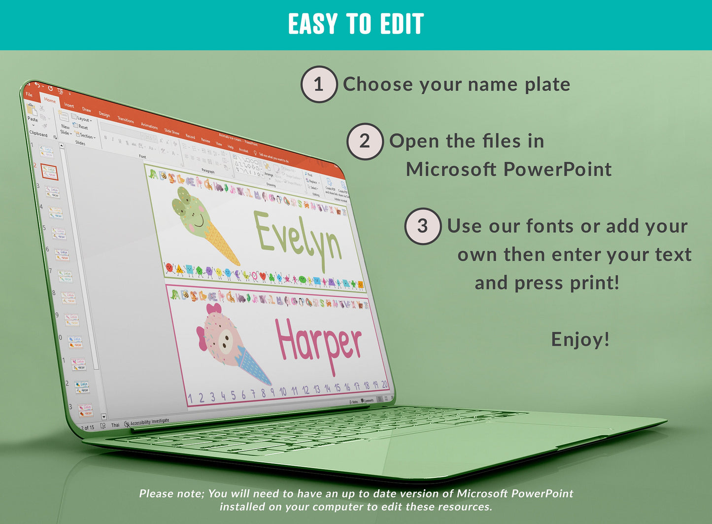 Animals Ice Cream Student Desk Plates: 30 Editable Designs with PowerPoint, US Letter Size, Instant Download