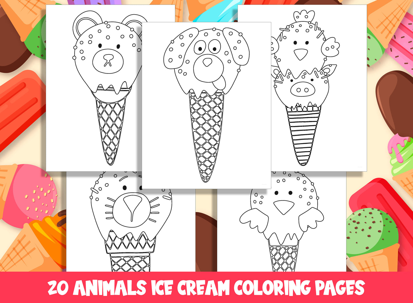 Ice Cream Animals Coloring Pages: 20 Fun Designs for Preschool and Kindergarten, PDF File, Instant Download