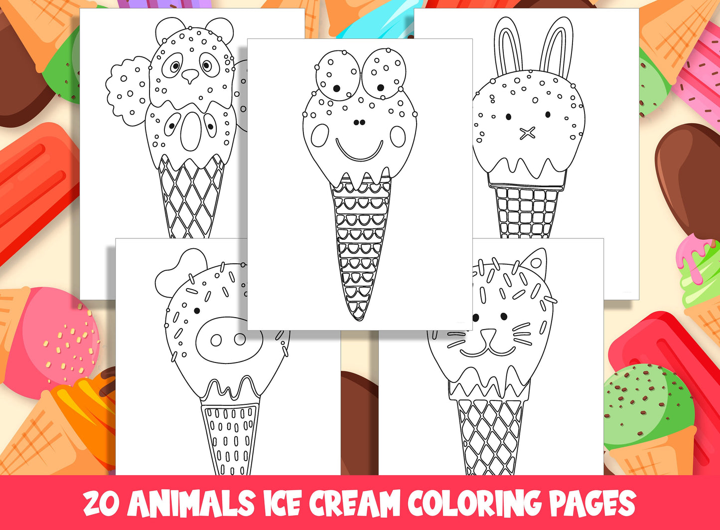 Ice Cream Animals Coloring Pages: 20 Fun Designs for Preschool and Kindergarten, PDF File, Instant Download