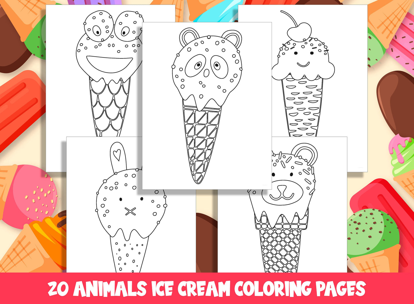 Ice Cream Animals Coloring Pages: 20 Fun Designs for Preschool and Kindergarten, PDF File, Instant Download