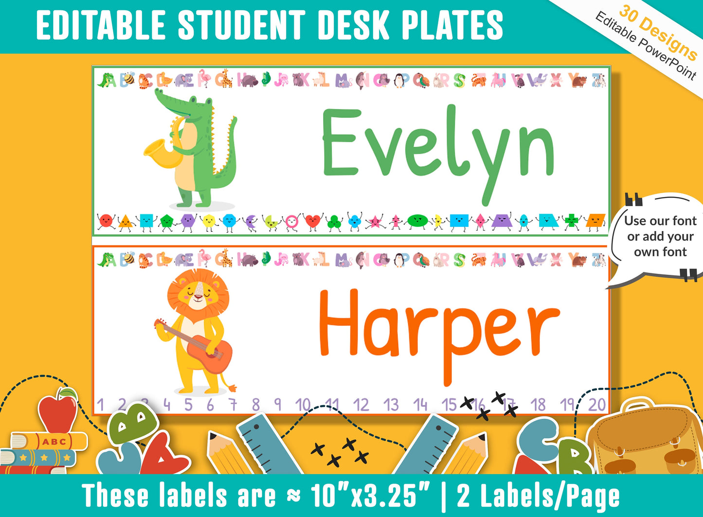 Animals Playing Music Student Desk Plates: 30 Editable Designs with PowerPoint, US Letter Size, Instant Download