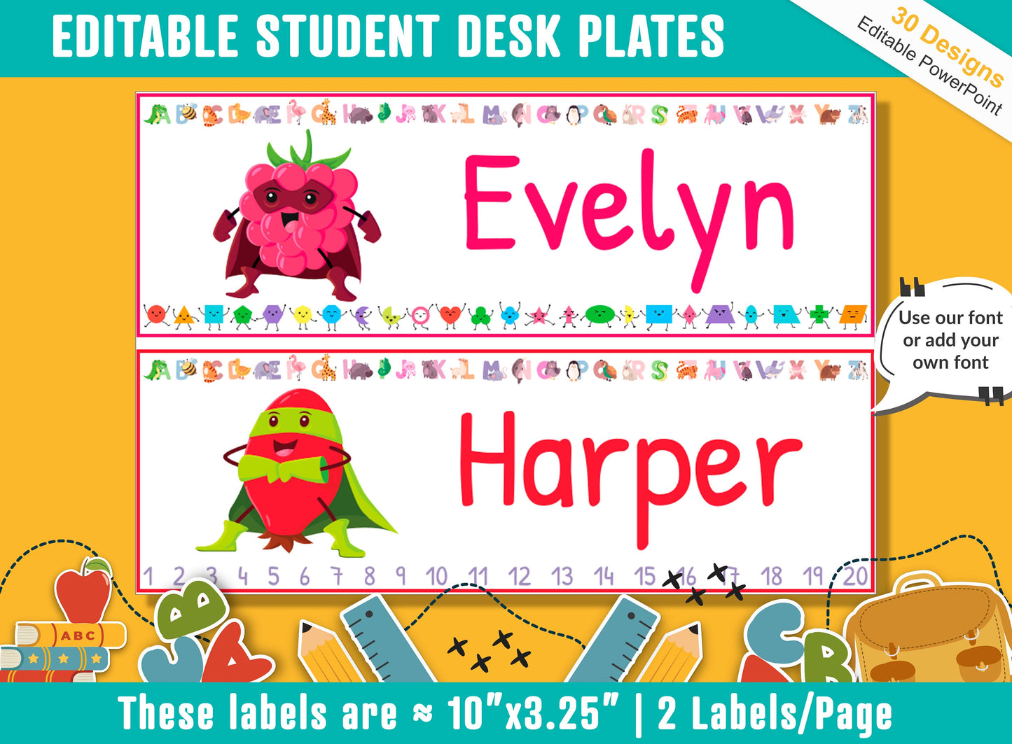 Fruit Superhero Student Desk Plates: 30 Editable Designs with PowerPoint, US Letter Size, Instant Download