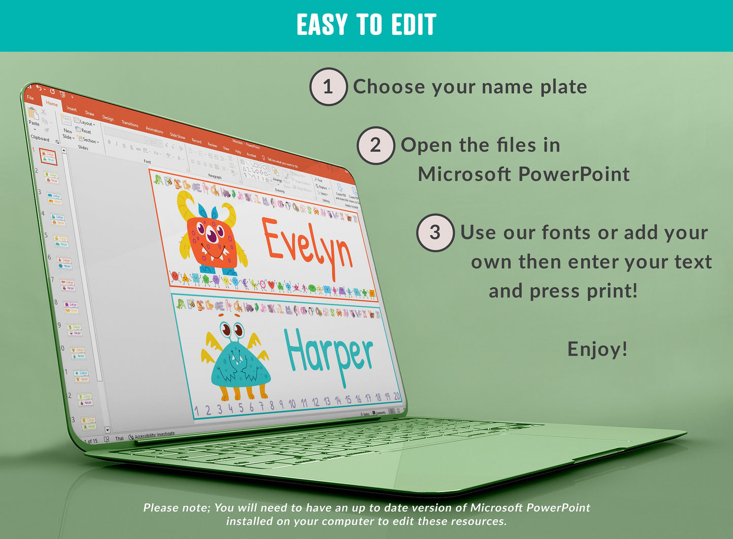 Monster Student Desk Plates: 30 Editable Designs with PowerPoint, US Letter Size, Instant Download