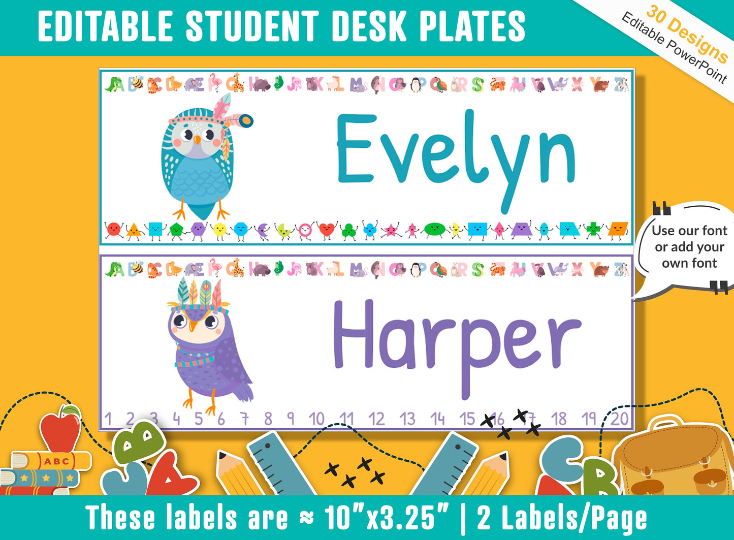 Cute Owl Student Desk Plates: 30 Editable Designs with PowerPoint, US Letter Size, Instant Download