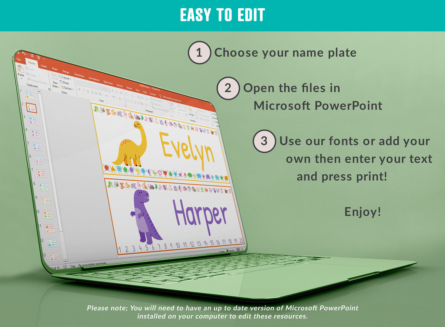 Baby Dinosaur Student Desk Plates: 30 Editable Designs with PowerPoint, US Letter Size, Instant Download