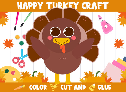 Happy Turkey, Thanksgiving Craft Activity - Color, Cut, and Glue for PreK to 2nd