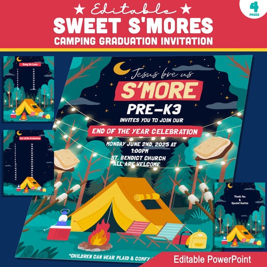 S'mores Camping Graduation Invitation Templates – Editable 4-Page Program for Preschool, Pre-K, Kindergarten, Instant PowerPoint, Cute Campfire Theme