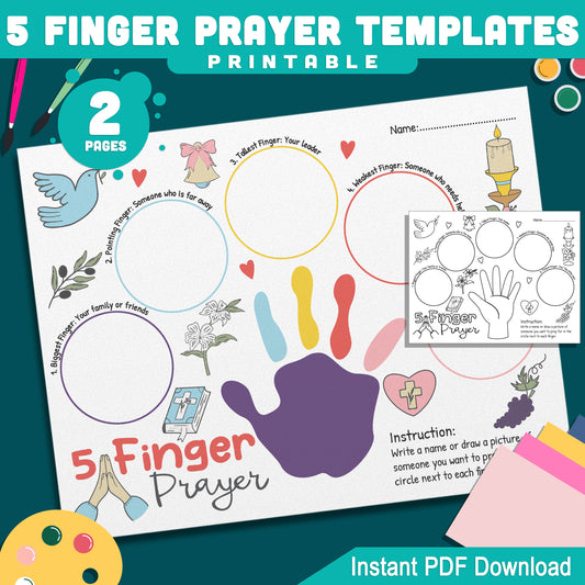 Christian 5 Finger Prayer Worksheet: Printable 2-Page Activity for Kids (Pre-Colored & B&W), Great for Teaching Prayer, Instant PDF Download