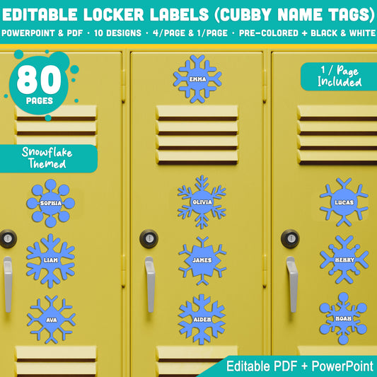 Editable Locker Labels (Cubby Name Tags), Snowflake Themed, Pre-Colored + Black & White, 40 Pages, PDF + PowerPoint, Instant Download, Holiday Classroom and Back to School Craft