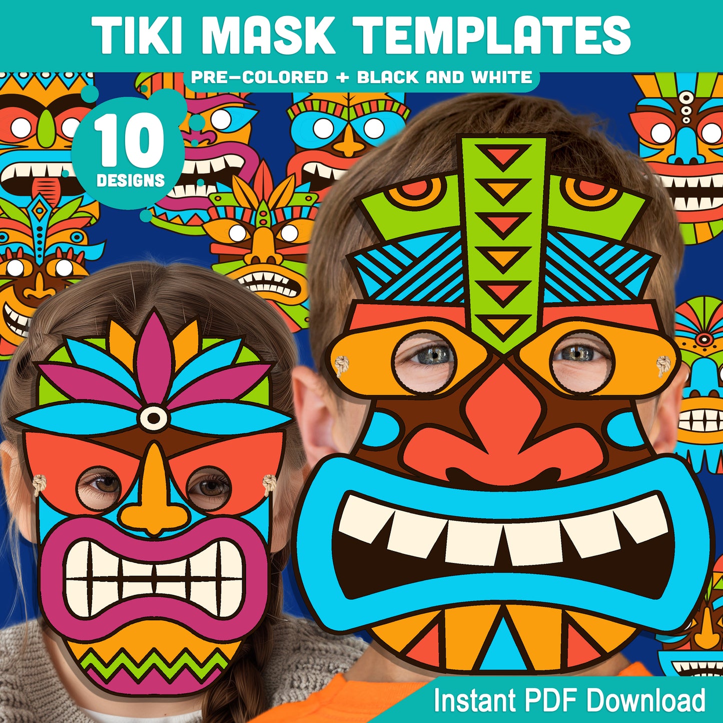 Tiki Mask Templates – Tropical Tribal Mask Printable Set, Paper Mask Craft with Extra-Thick Bold Lines, Pre-Colored and Black and White PDF