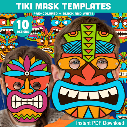 Tiki Mask Templates – Tropical Tribal Mask Printable Set, Paper Mask Craft with Extra-Thick Bold Lines, Pre-Colored and Black and White PDF