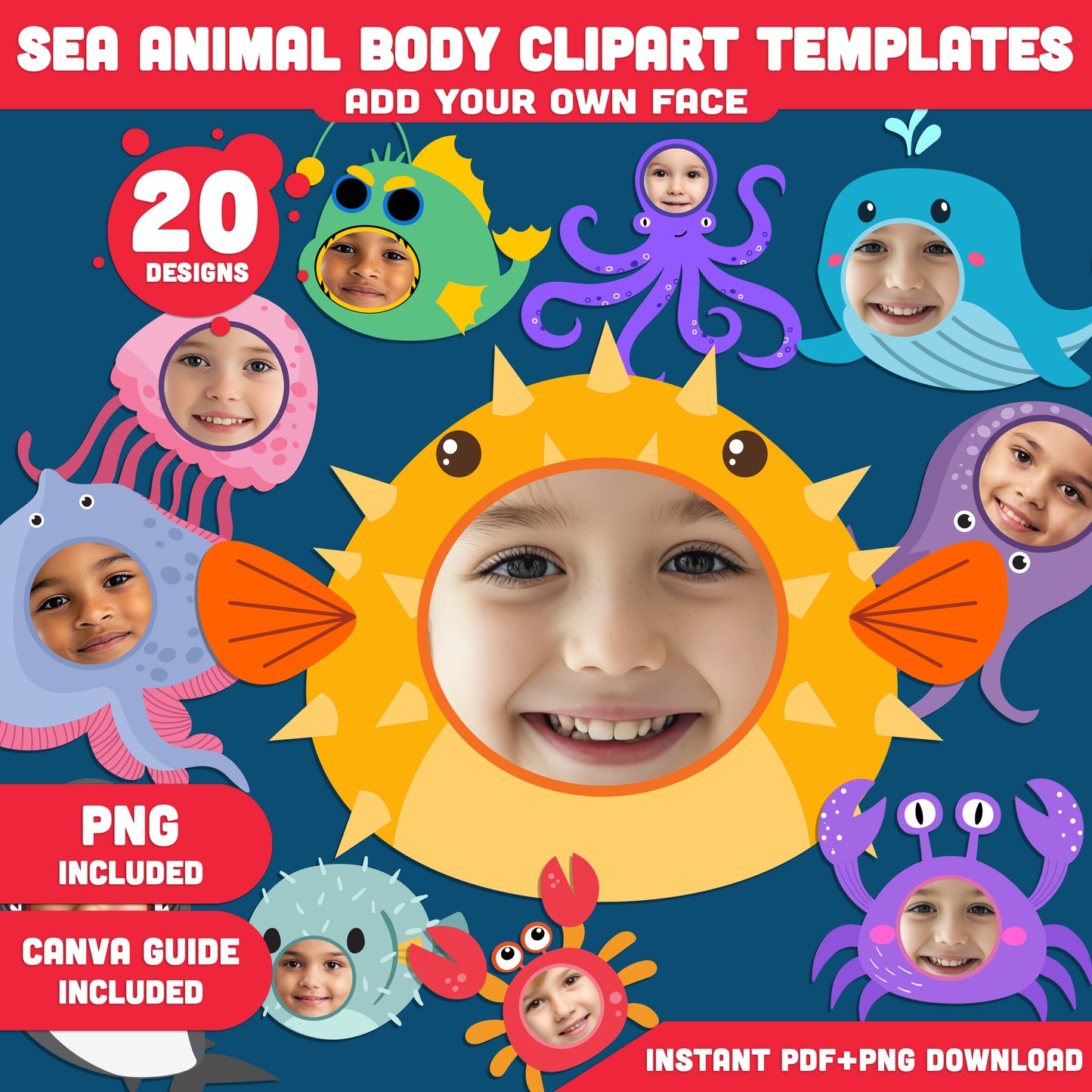 Sealife Animal Body Clipart: Add Your Own Photo Face, Printable Ocean-Themed Cutouts for Kids’ DIY Creativity, Fun Marine Craft Activity, PDF + PNG Instant Download