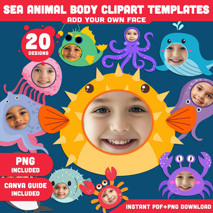 Sealife Animal Body Clipart: Add Your Own Photo Face, Printable Ocean-Themed Cutouts for Kids’ DIY Creativity, Fun Marine Craft Activity, PDF + PNG Instant Download