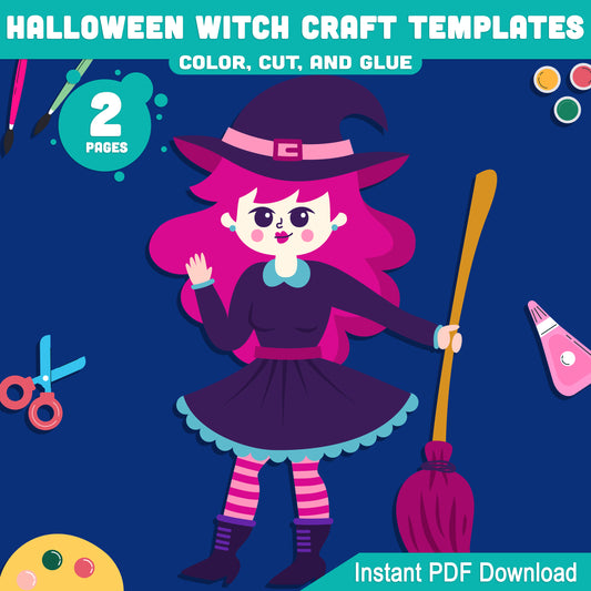 Printable Halloween Witch Craft Templates, October Fall Craft, Color Cut and Glue, Perfect for Parents, Teachers, Preschool, Pre-K, Kindergarten
