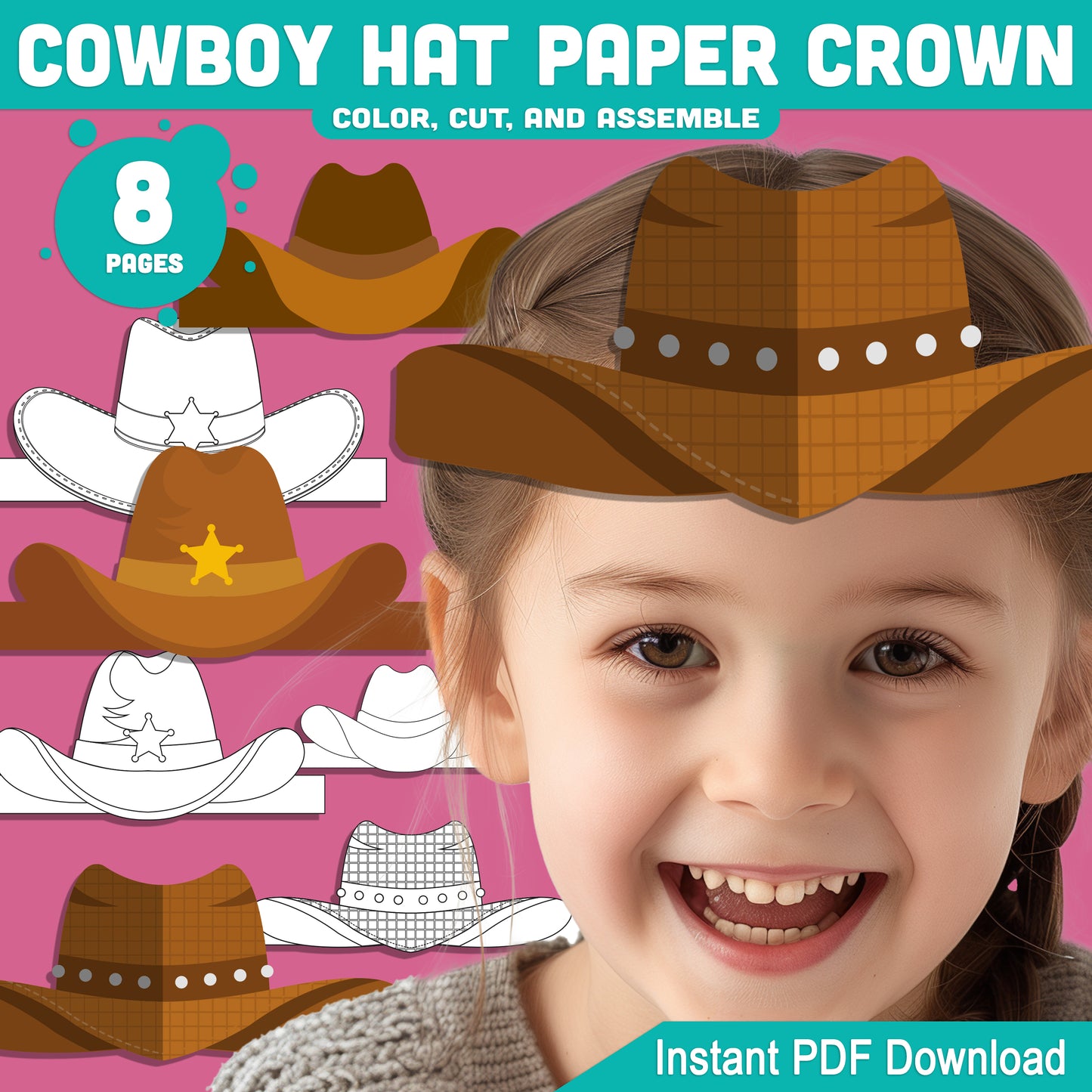 Cowboy and Cowgirl Paper Hat Crowns – Western-Themed Headband Crafts for Kids, 4 Designs, Pre-Colored & Black and White, PDF